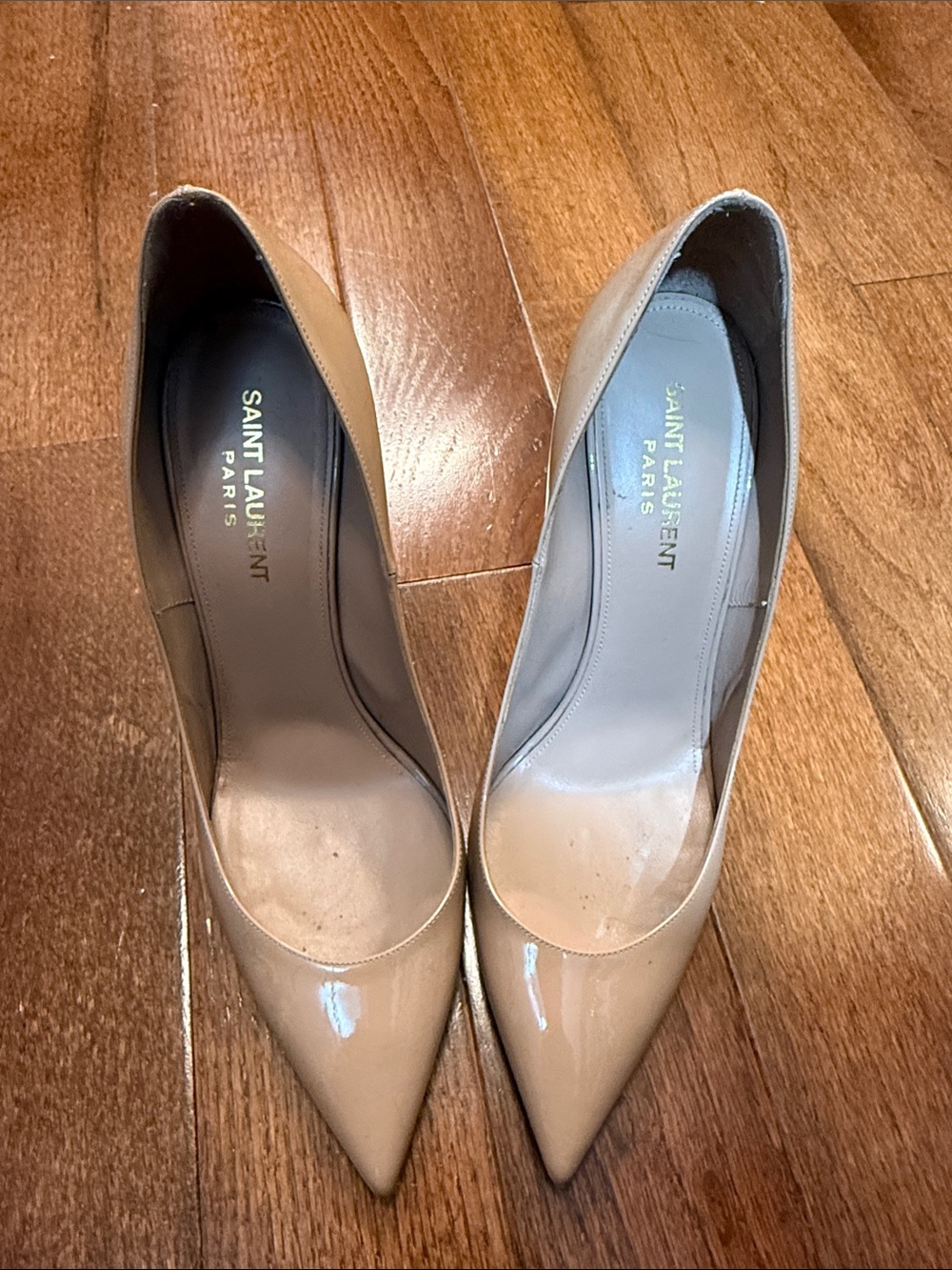 Saint Laurent Beige Patent Leather Pointed-Toe Pumps